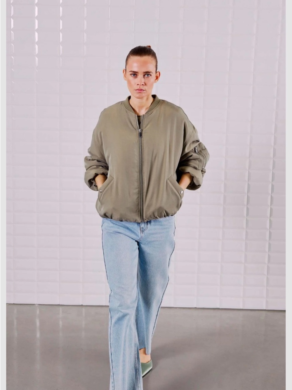 Women's Olive Bomber Jacket with Zip Front